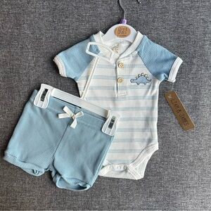 NWT Liam & James 2 Piece Set Bodysuit and Shorts Dino Ribbed Cotton Blue 0-3M